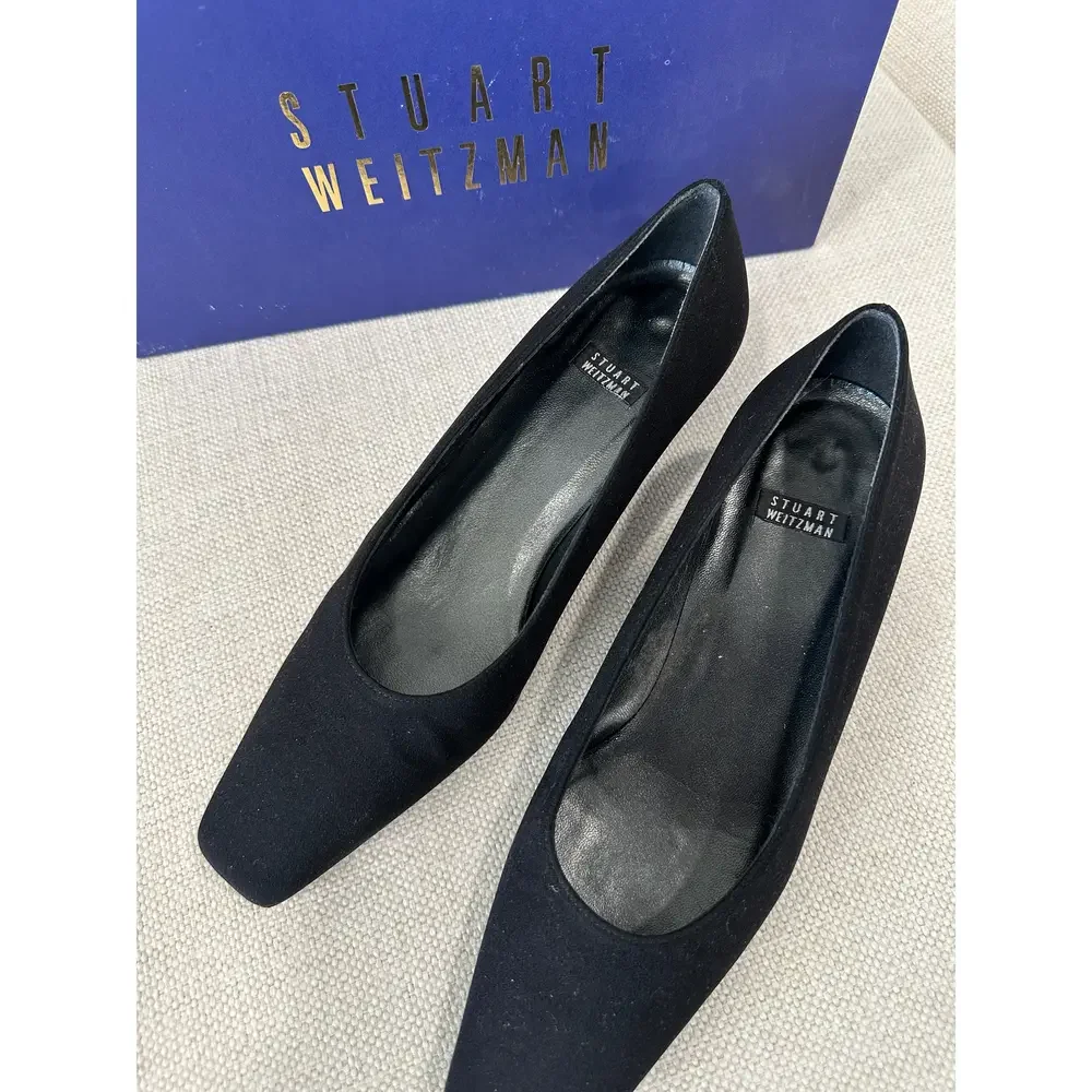 Stuart Weitzman River Heels – Naughty Viola Luau Linen – Size 6.5B in Black